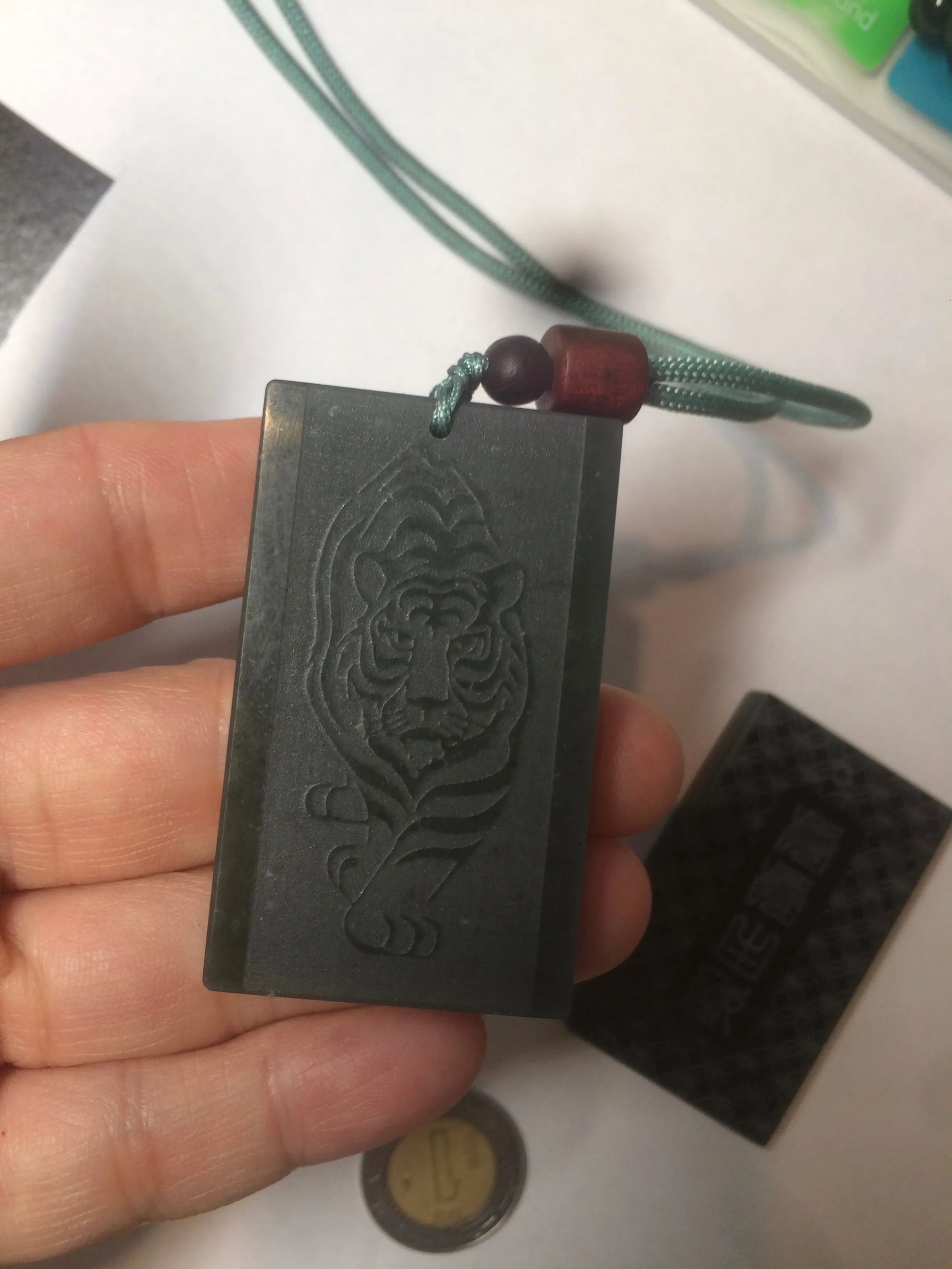 100% natural dark green/black nephrite Hetian jade (青玉) tiger safe and sound pendant J120