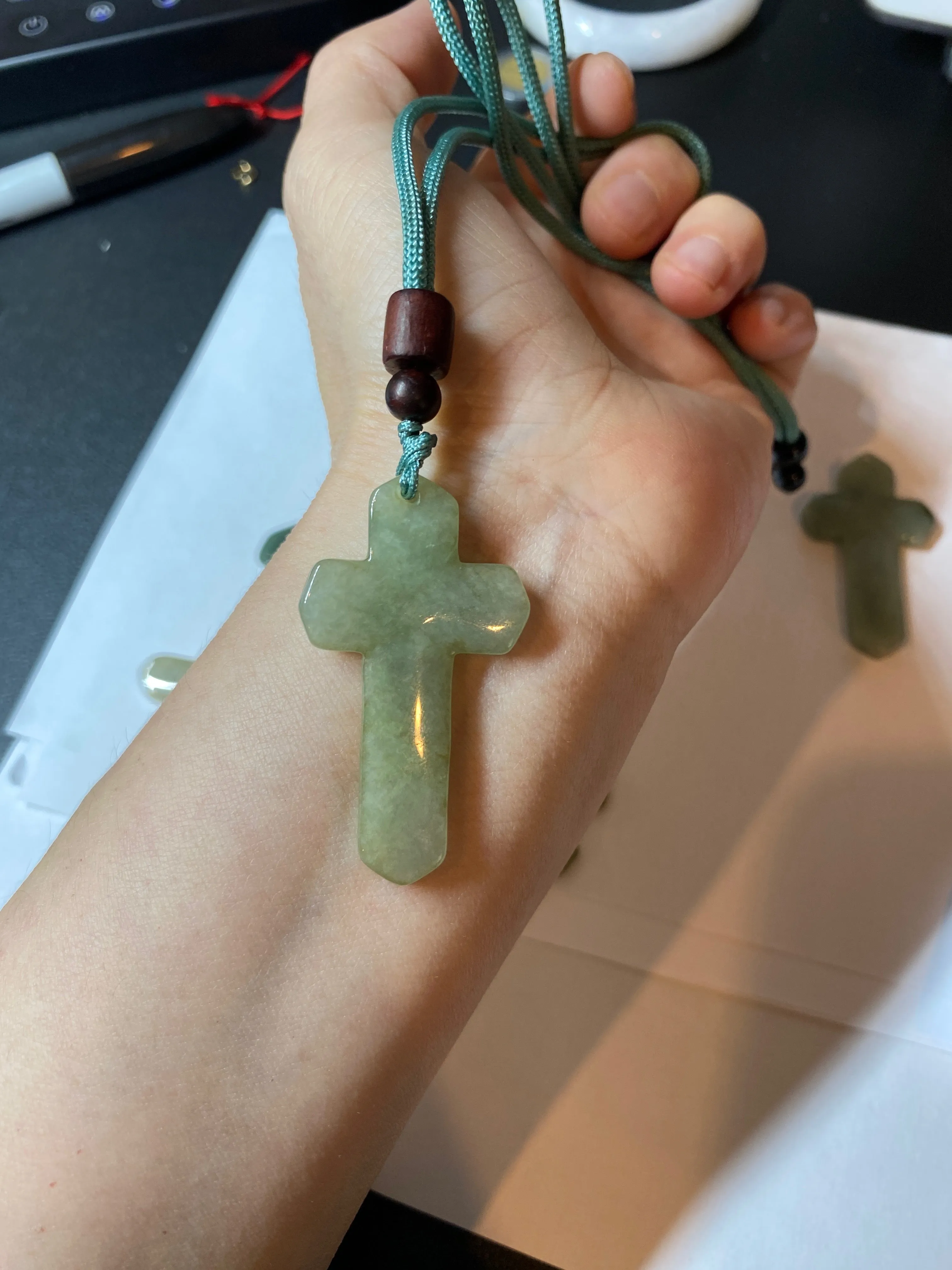 100% Natural type A light green/white/gray jadeite Jade Hand-held cross or cross pendant AY55