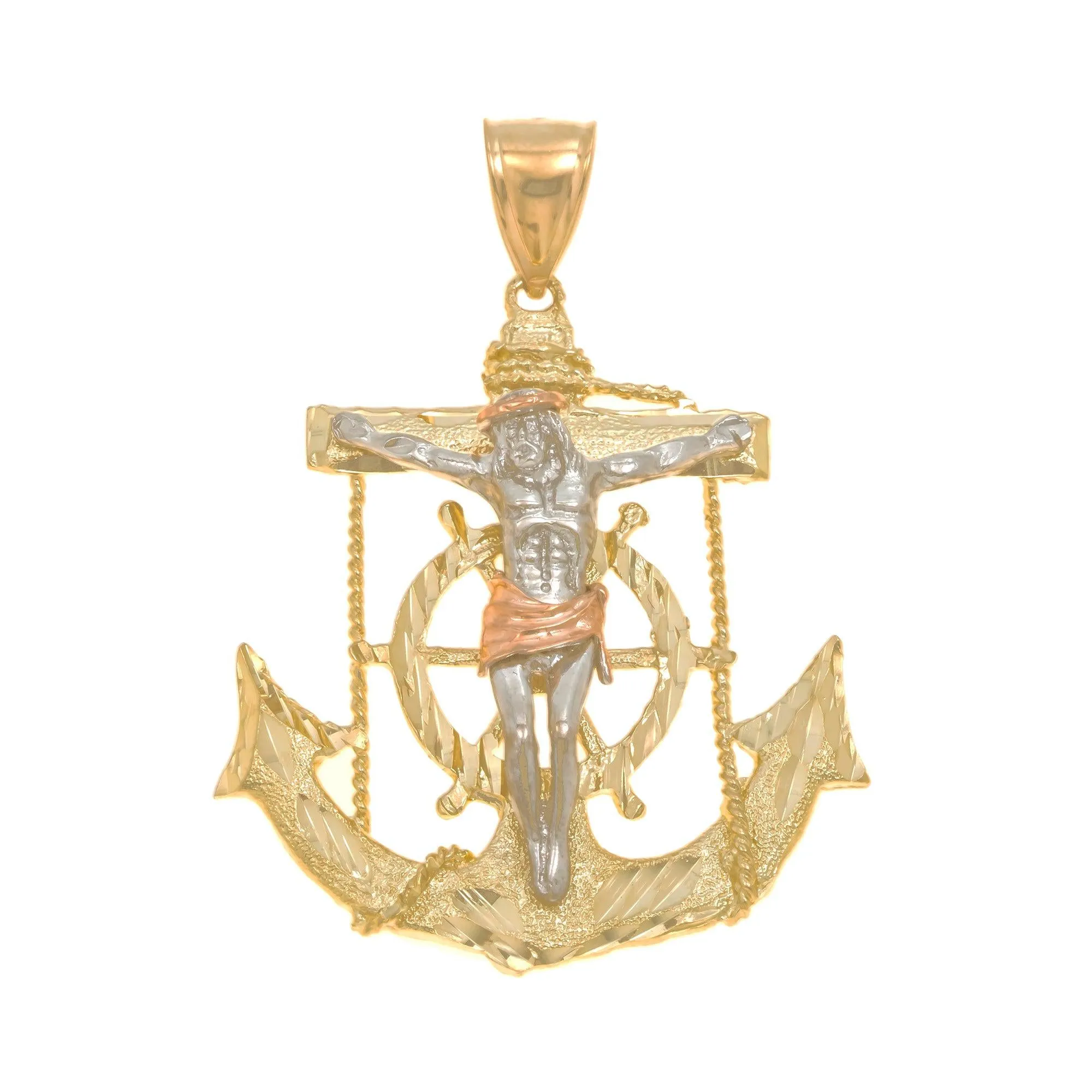 10K GOLD TRICOLOR CRUCIFIX ANCHOR PENDANT 15.9G