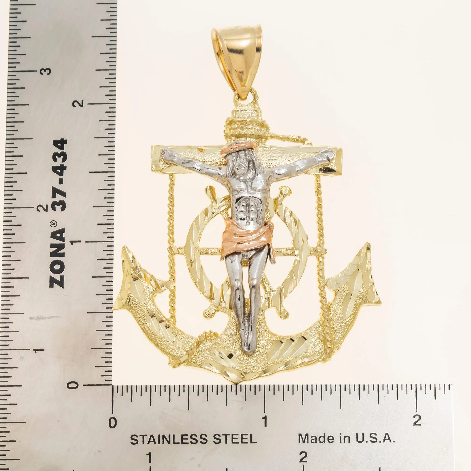 10K GOLD TRICOLOR CRUCIFIX ANCHOR PENDANT 15.9G