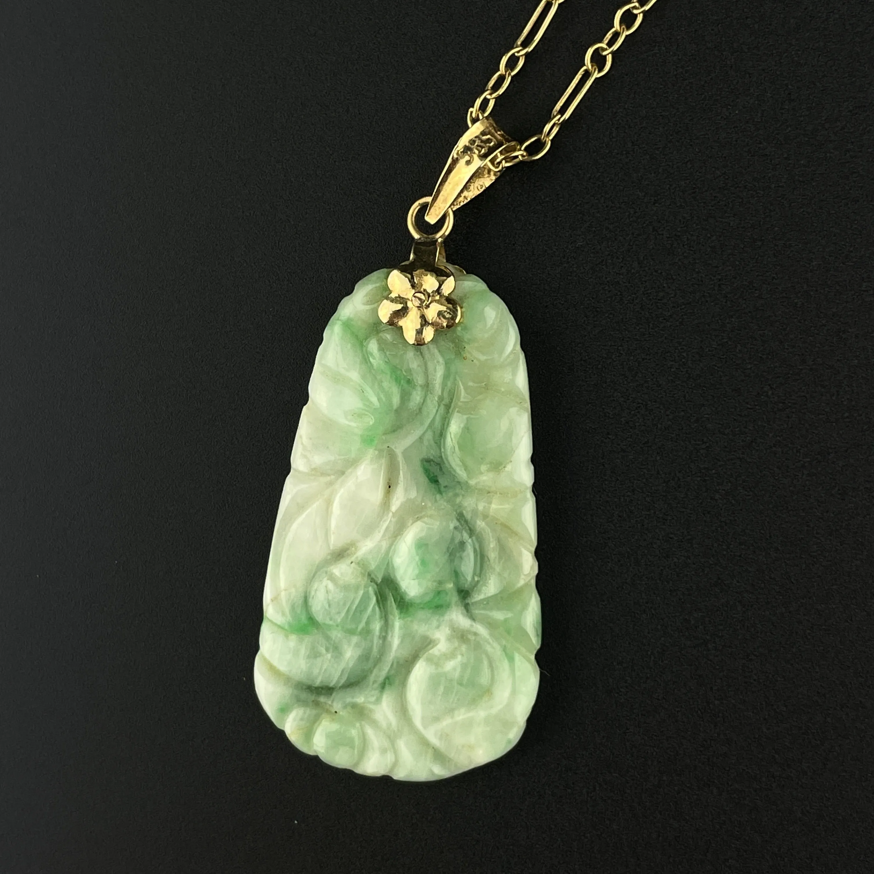 14K Gold Carved Green and White Jade Pendant Necklace