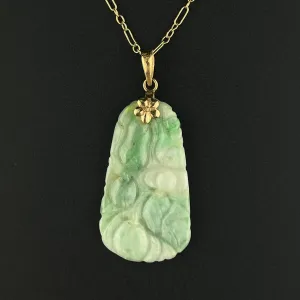 14K Gold Carved Green and White Jade Pendant Necklace