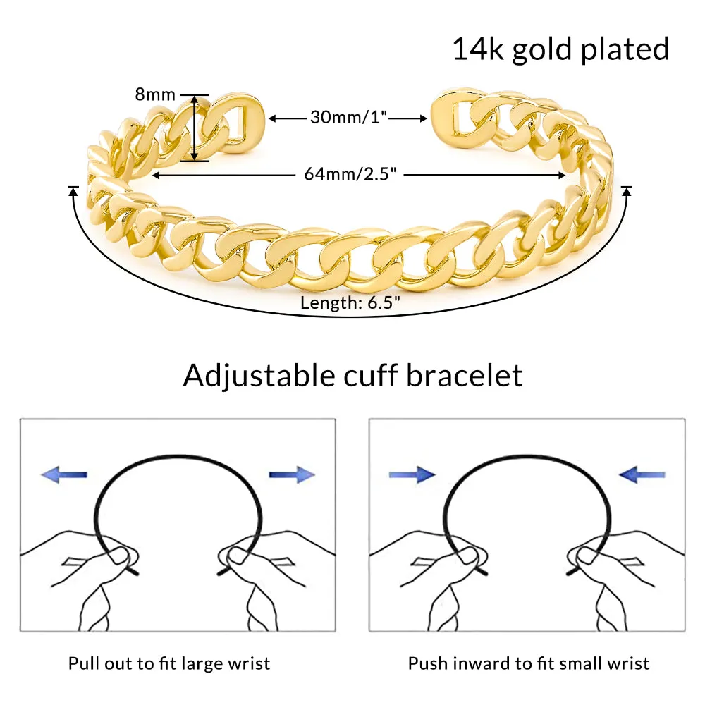 14K Gold Cuff Bangle Bracelets for Women- Cuban