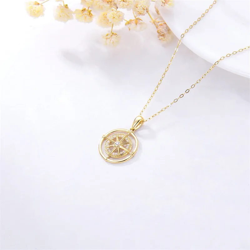 14K Real Gold Compass Pendant Necklace for Women Compass Dainty Necklace Jewelry Birthday Gift for Graduate