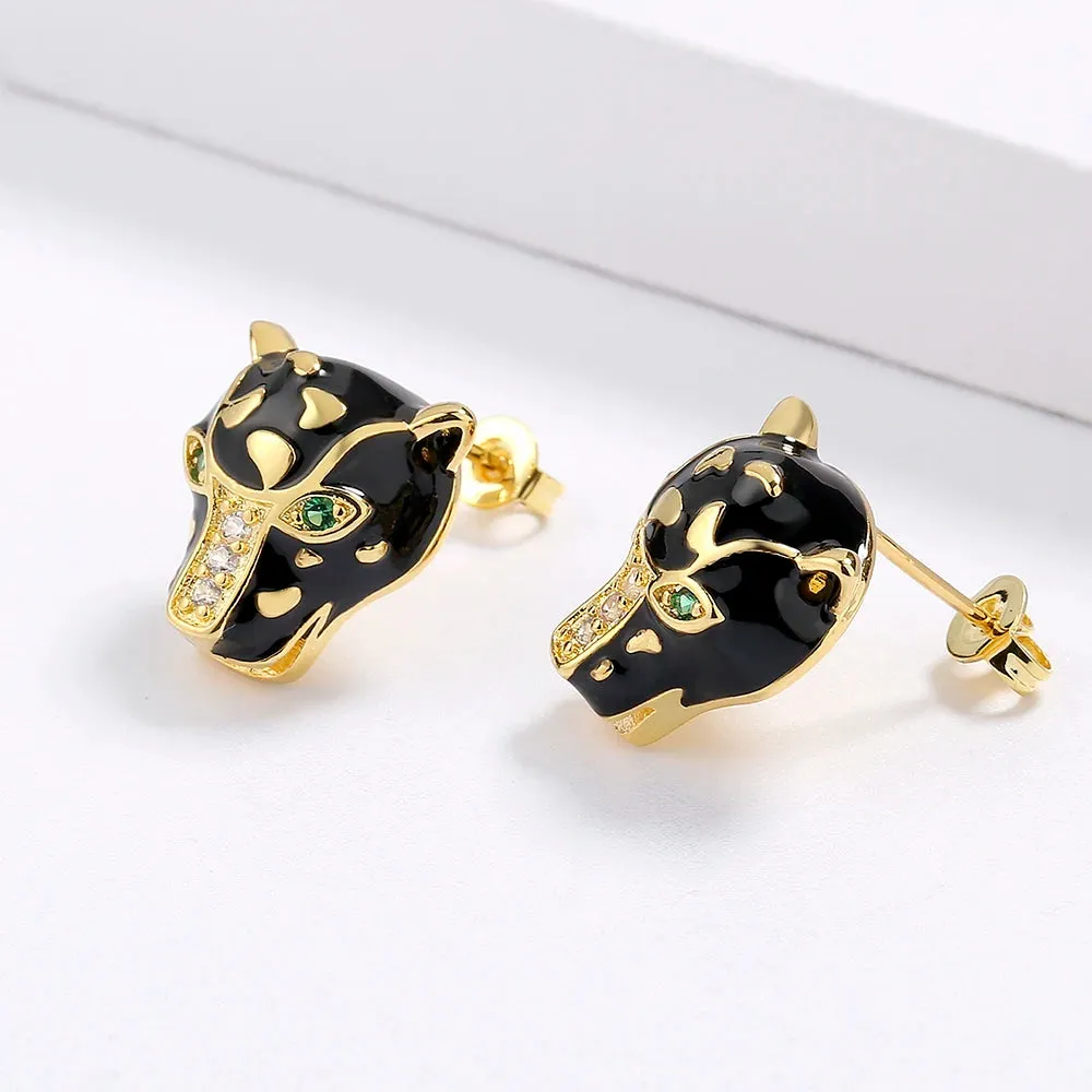 18k Gold Plated Leopard Head White Black Crystal Stud Earrings