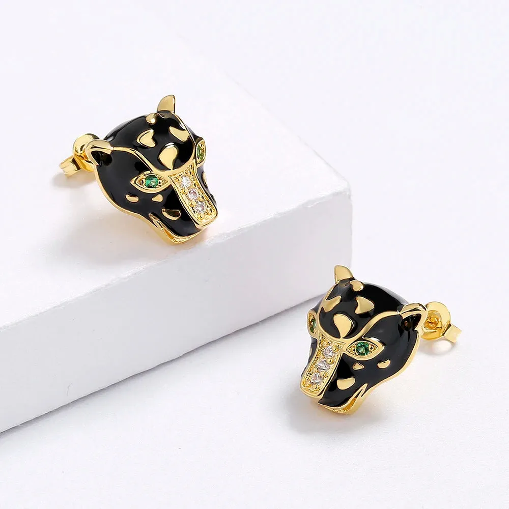 18k Gold Plated Leopard Head White Black Crystal Stud Earrings