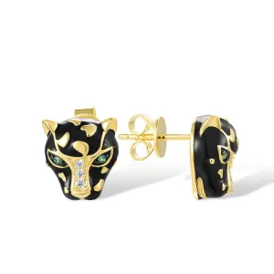 18k Gold Plated Leopard Head White Black Crystal Stud Earrings