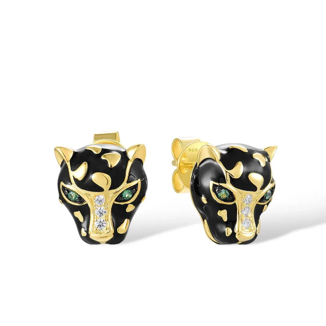 18k Gold Plated Leopard Head White Black Crystal Stud Earrings