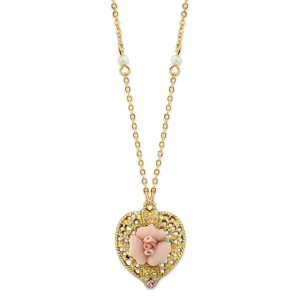 1928 Bridal Pink Crystal Heart And Pink Porcelain Rose Filigree Pendant Necklace 16"   3" Extender