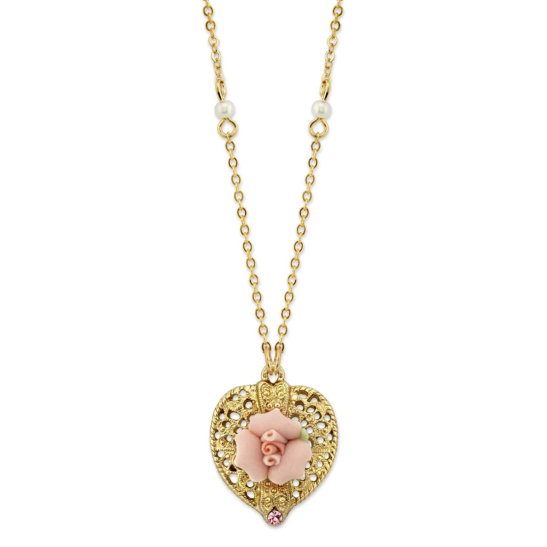 1928 Bridal Pink Crystal Heart And Pink Porcelain Rose Filigree Pendant Necklace 16"   3" Extender