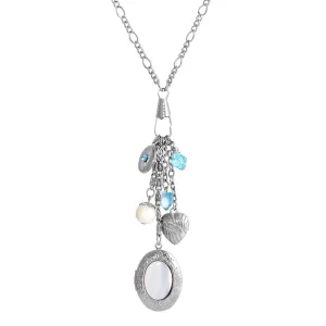 1928 Jewelry Aquamarine Crystal Mother Of Pearl Charms And Locket Necklace 30"