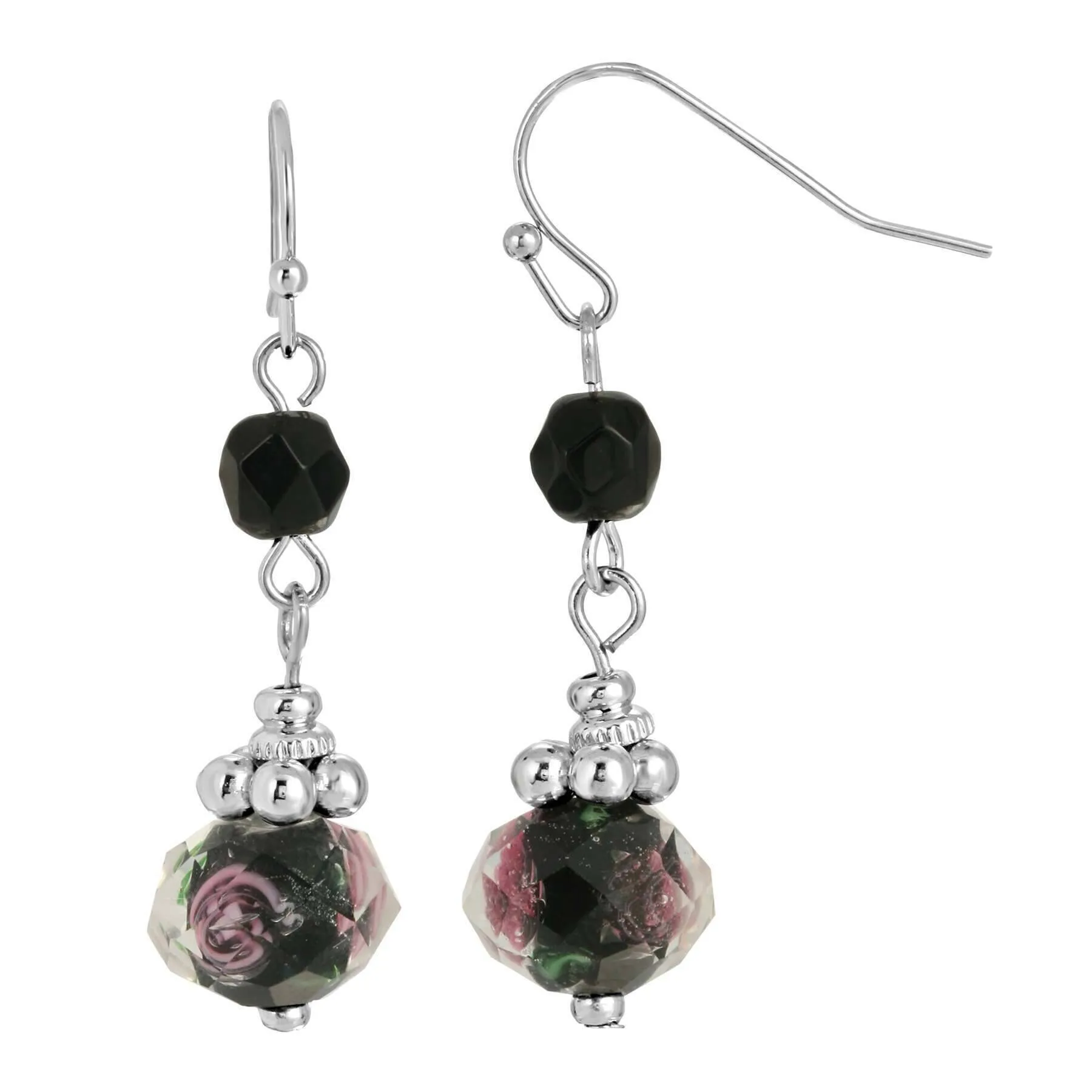 1928 Jewelry Black & Pink Floral Bead Dangling Earrings