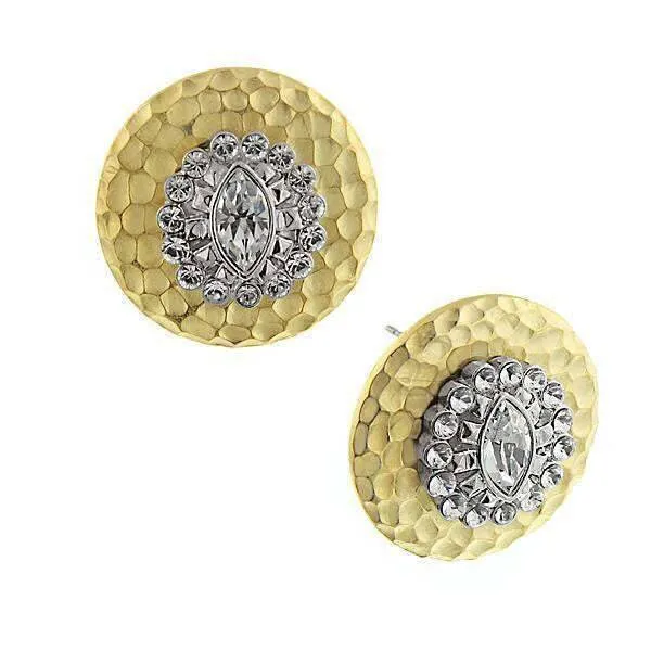 1928 Jewelry Crystal Burst Two Tone Hammered Button Earrings