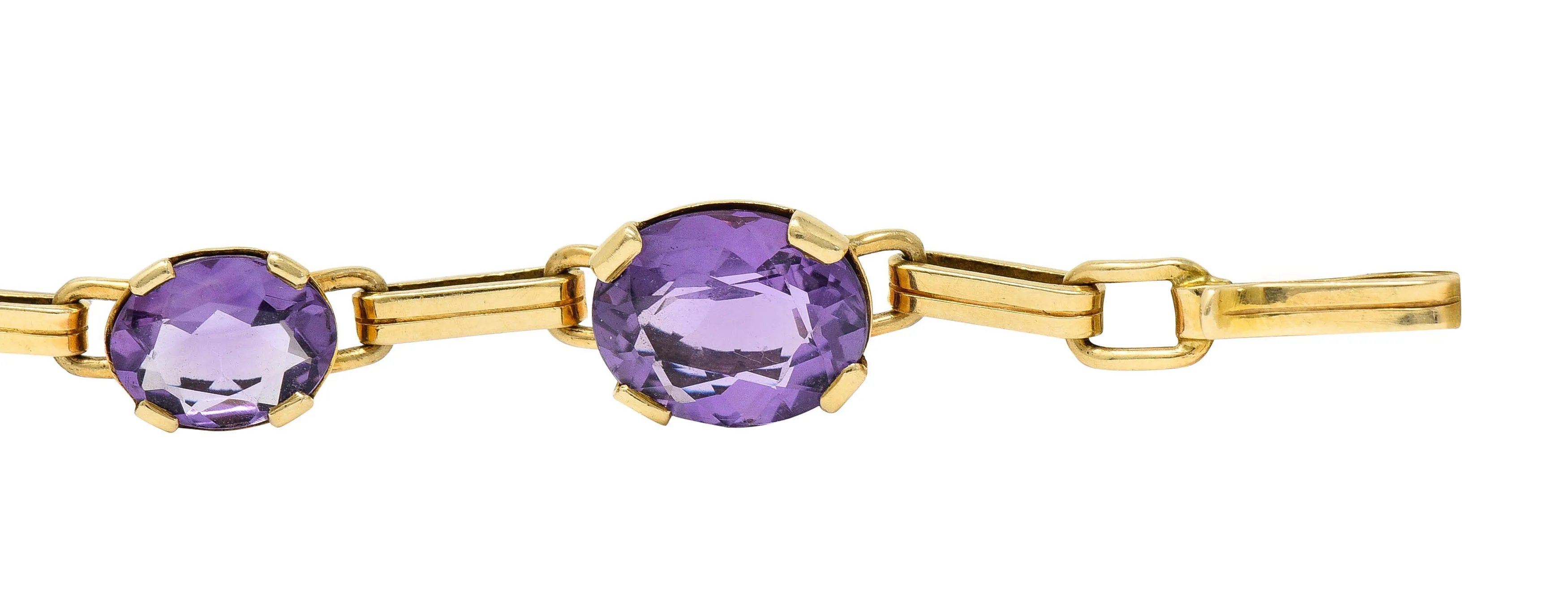 1940's Retro Amethyst 14 Karat Gold Station Link Bracelet