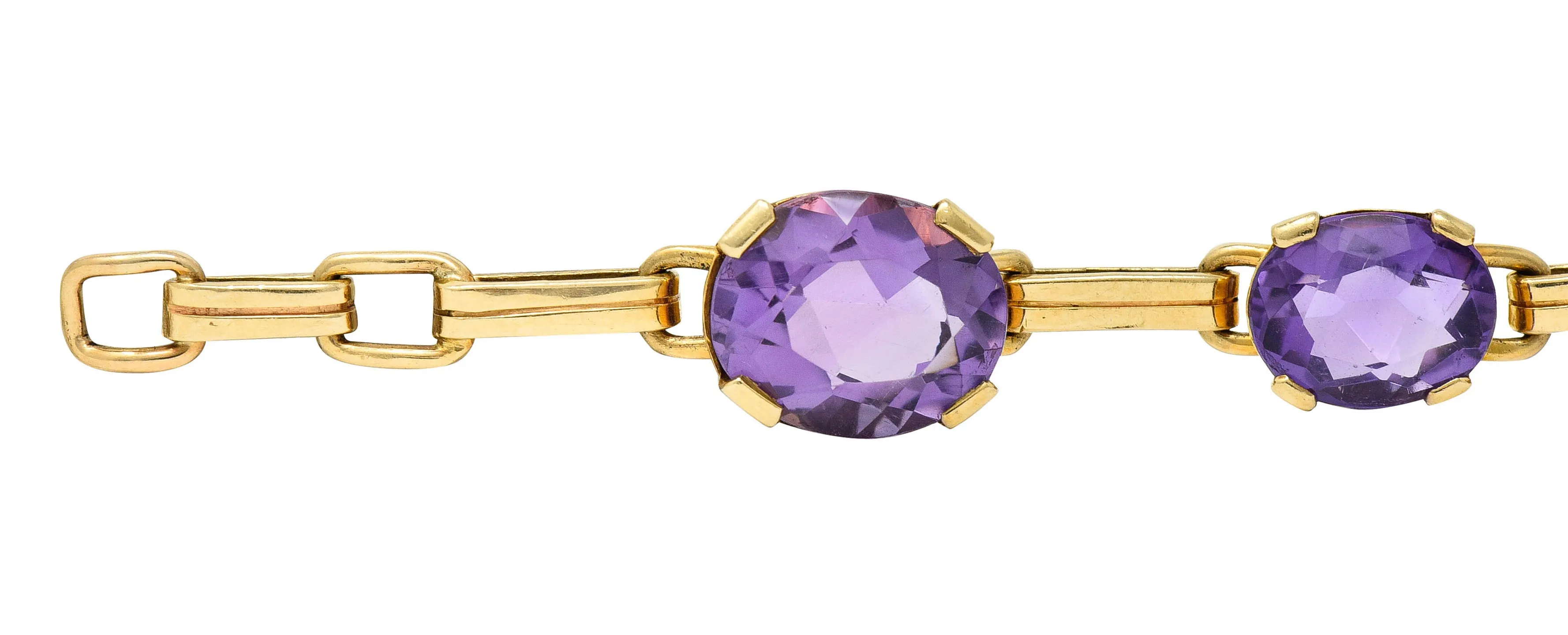 1940's Retro Amethyst 14 Karat Gold Station Link Bracelet