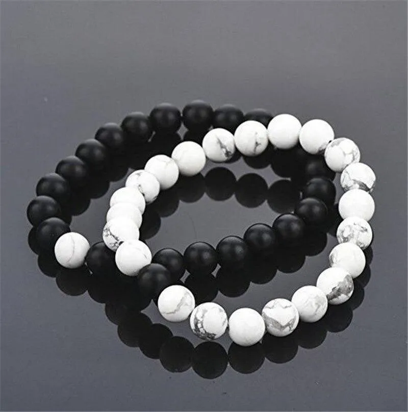 2 Pcs Fashion White and Black Natural Stones Couple Charm Beads Bracelet