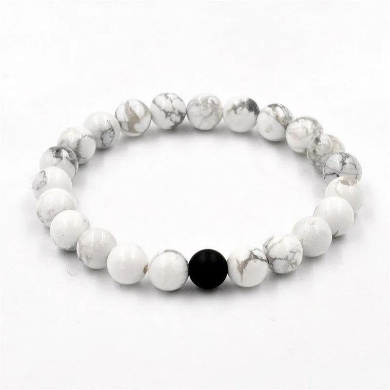 2 Pcs Fashion White and Black Natural Stones Couple Charm Beads Bracelet