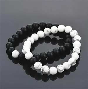 2 Pcs Fashion White and Black Natural Stones Couple Charm Beads Bracelet