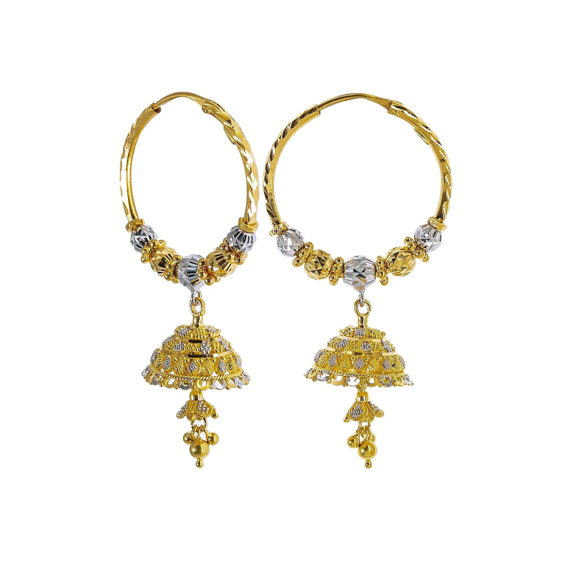 22K Multi Tone Gold Hoop Earrings W/ Jhumki Drop & Hammered Accents