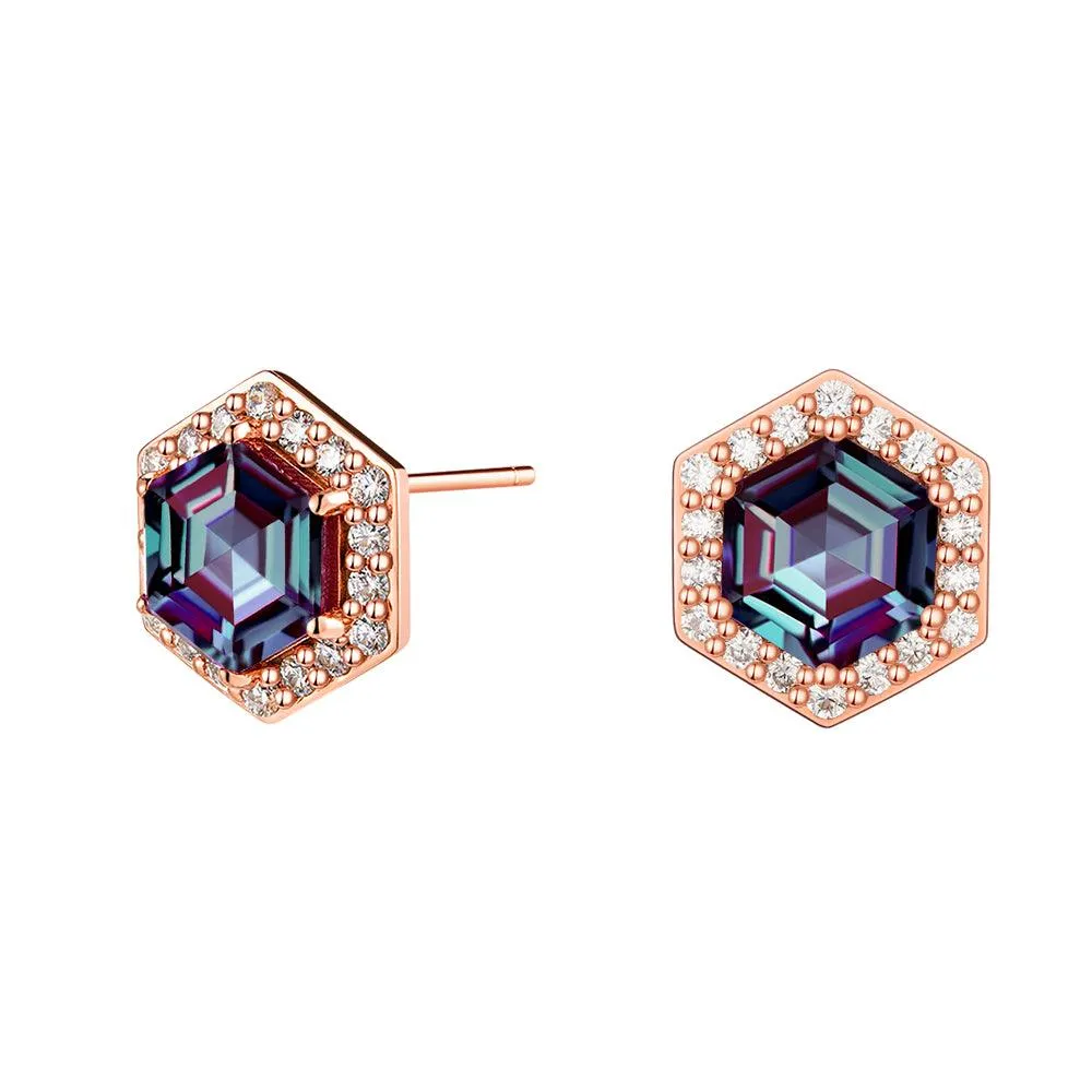 4 Ctw Hexagon Cut Alexandrite Moissanite Pave Stud Earrings