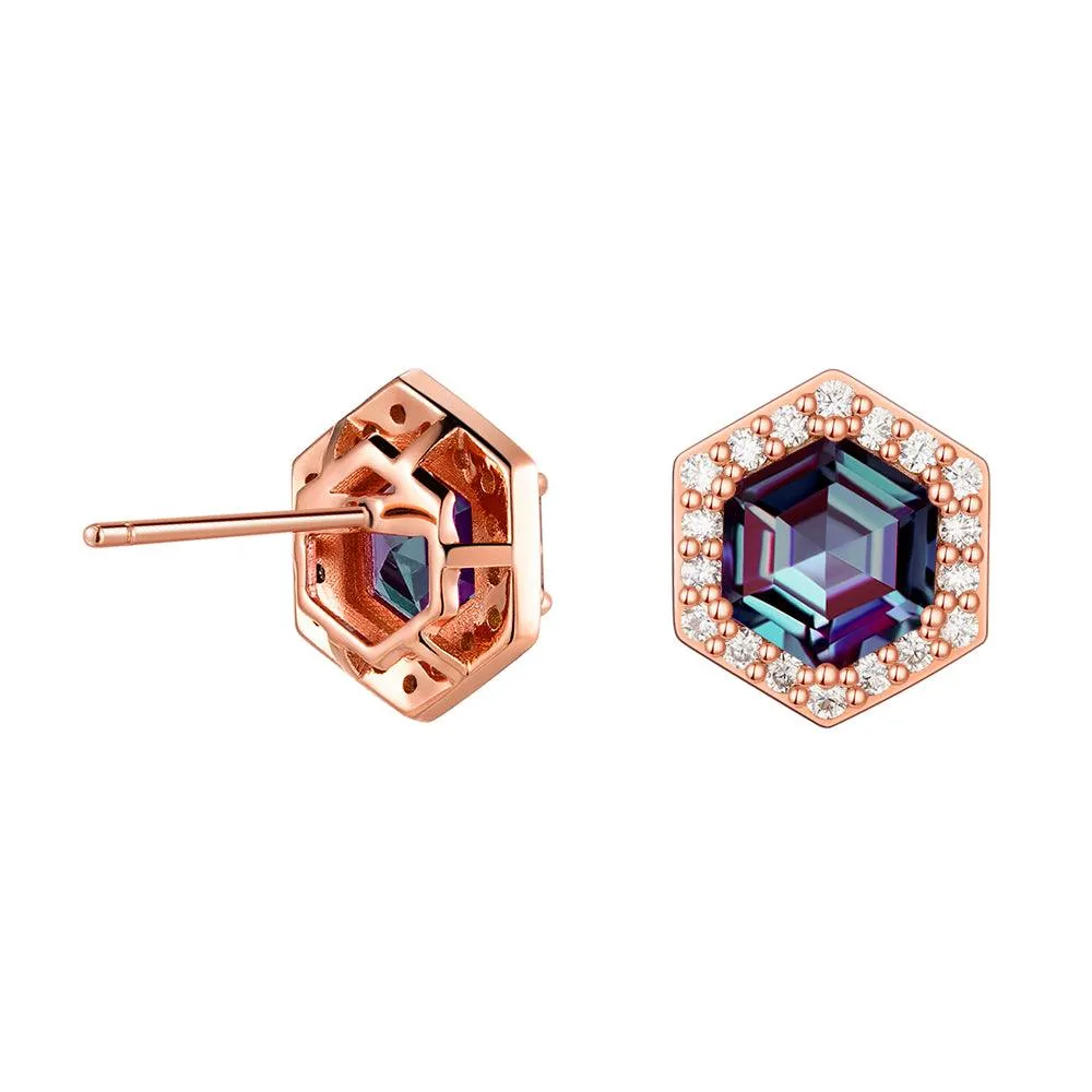 4 Ctw Hexagon Cut Alexandrite Moissanite Pave Stud Earrings