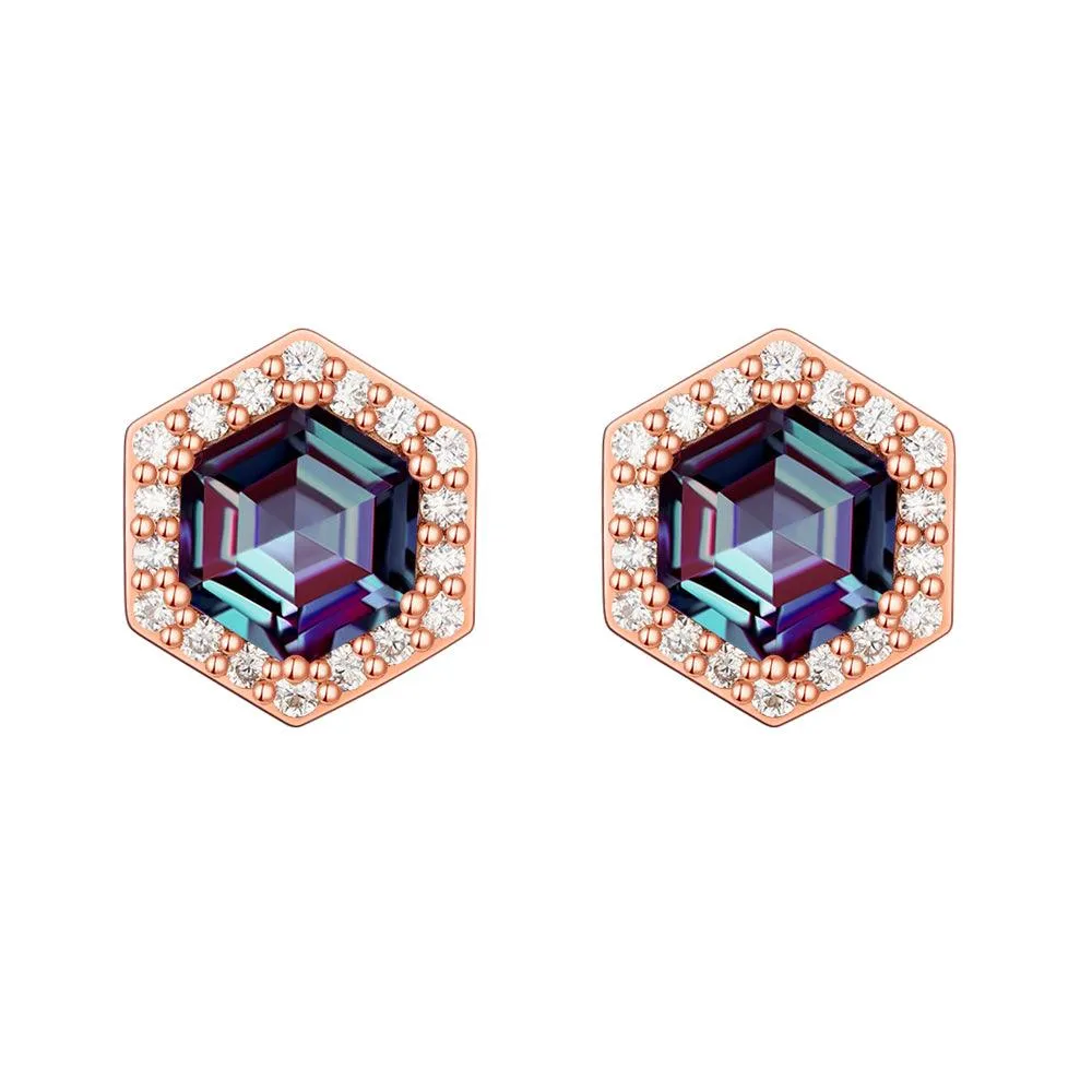 4 Ctw Hexagon Cut Alexandrite Moissanite Pave Stud Earrings