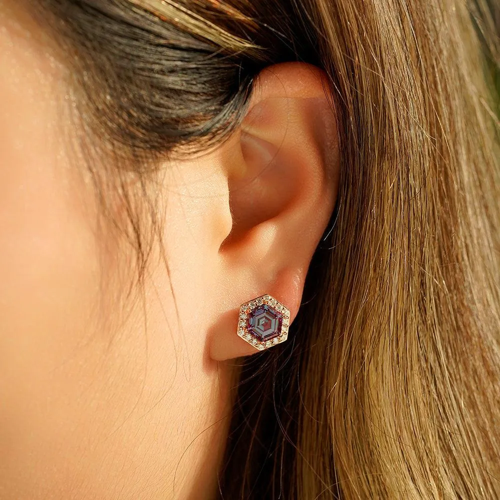 4 Ctw Hexagon Cut Alexandrite Moissanite Pave Stud Earrings