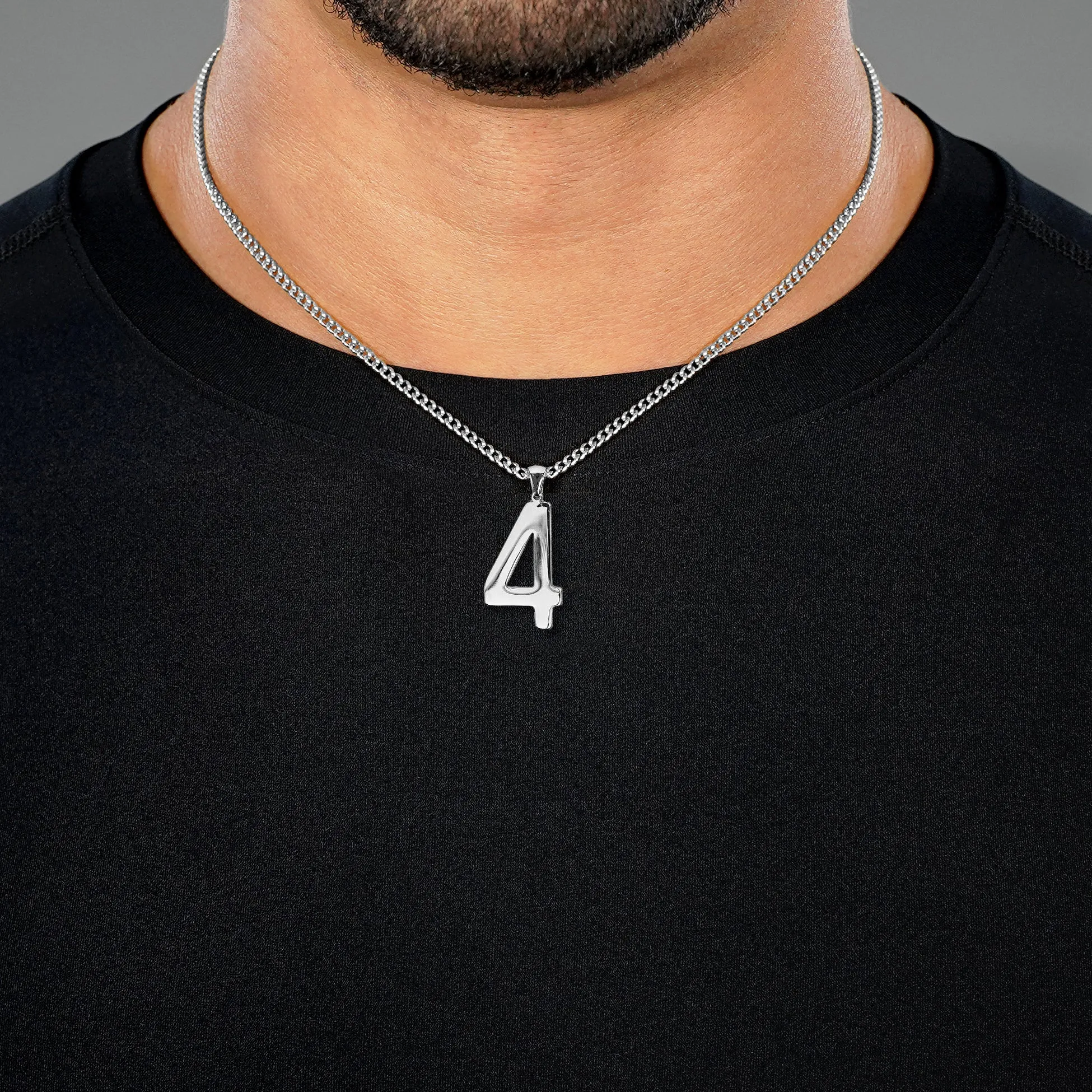 4 Number Pendant with Chain Necklace - Stainless Steel