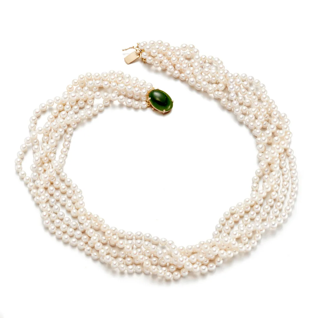 6-Strand Pearl Twist & Green Nephrite Jade Necklace