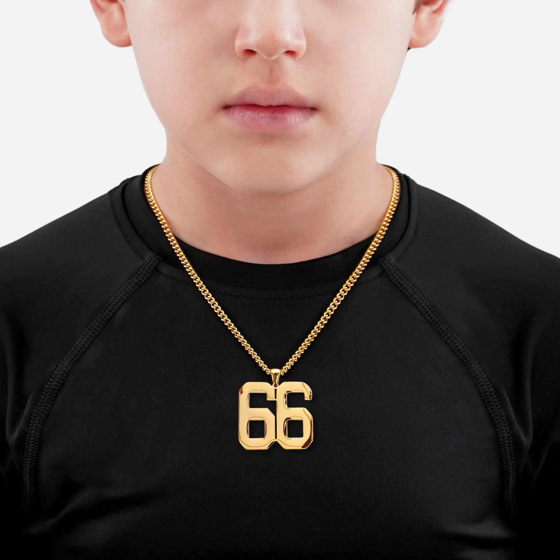 66 Number Pendant with Chain Kids Necklace - Gold Plated Stainless Steel