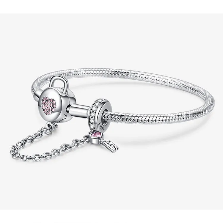 925 Sterling Silver Pink Heart Zircon Lock and Key Snake Chain Bracelet