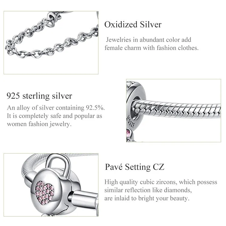 925 Sterling Silver Pink Heart Zircon Lock and Key Snake Chain Bracelet