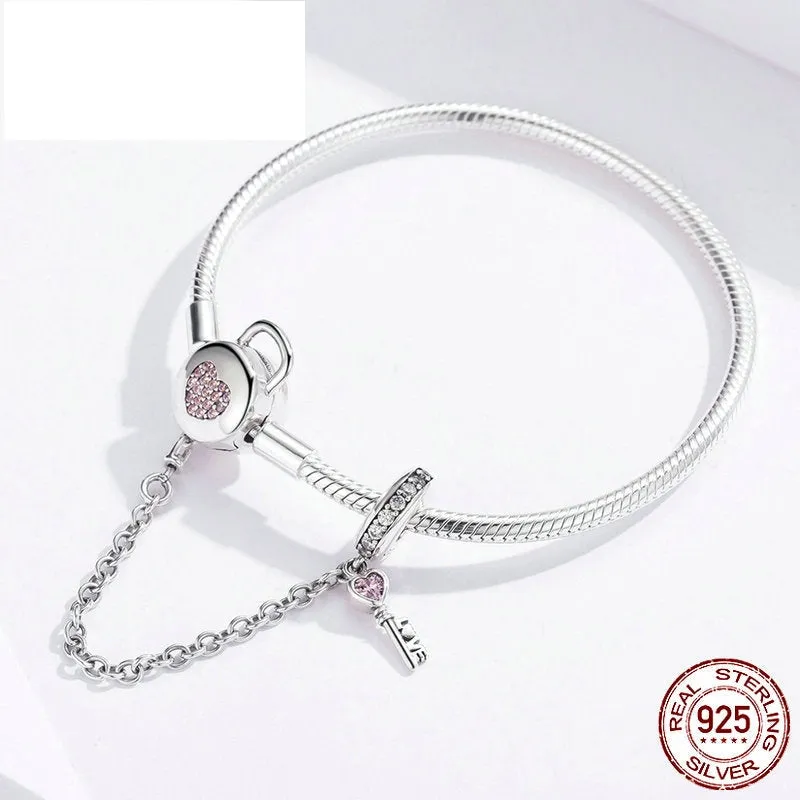 925 Sterling Silver Pink Heart Zircon Lock and Key Snake Chain Bracelet