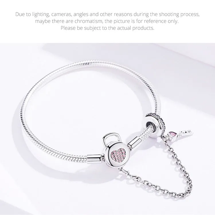 925 Sterling Silver Pink Heart Zircon Lock and Key Snake Chain Bracelet