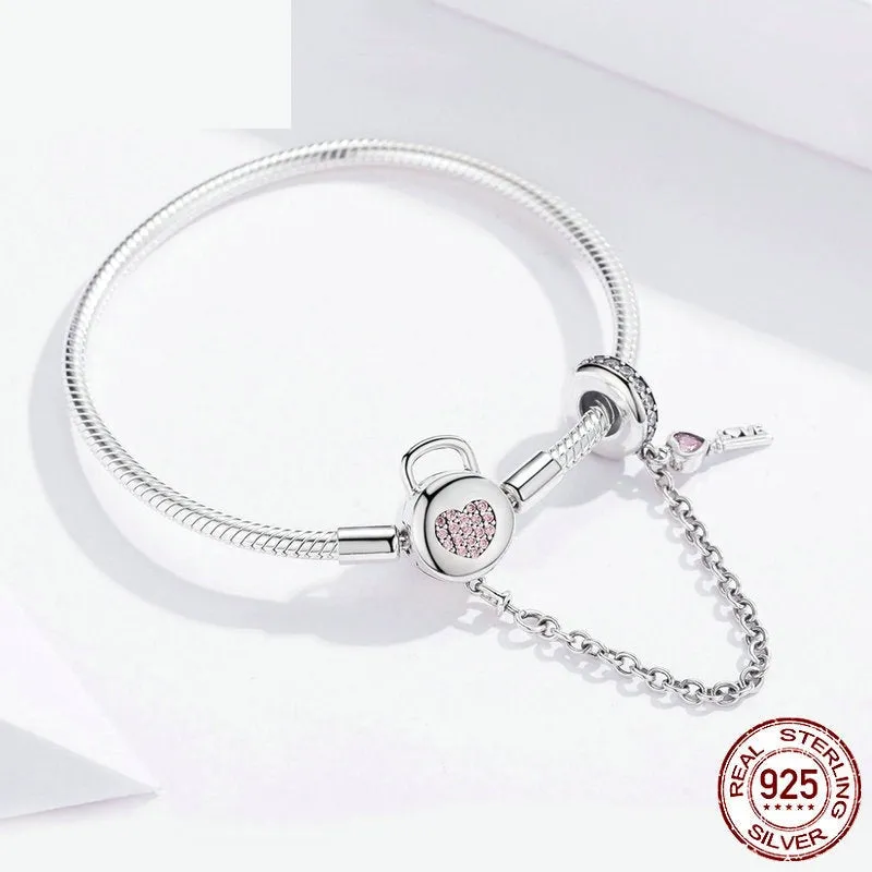 925 Sterling Silver Pink Heart Zircon Lock and Key Snake Chain Bracelet