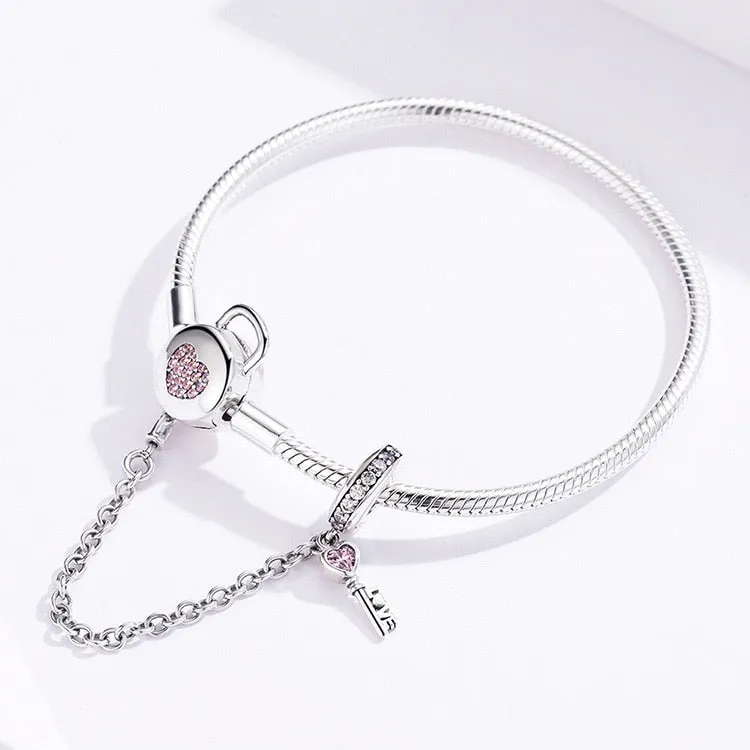 925 Sterling Silver Pink Heart Zircon Lock and Key Snake Chain Bracelet