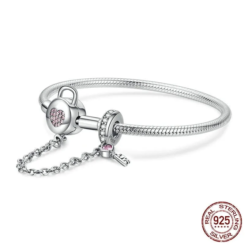 925 Sterling Silver Pink Heart Zircon Lock and Key Snake Chain Bracelet