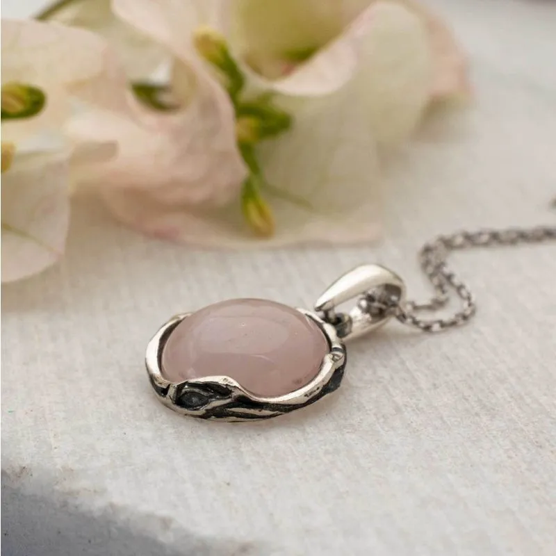 925 Sterling Silver Round Pink Rose Quartz 12mm Pendant