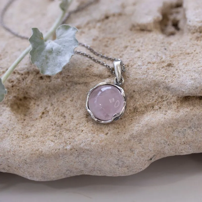 925 Sterling Silver Round Pink Rose Quartz 12mm Pendant