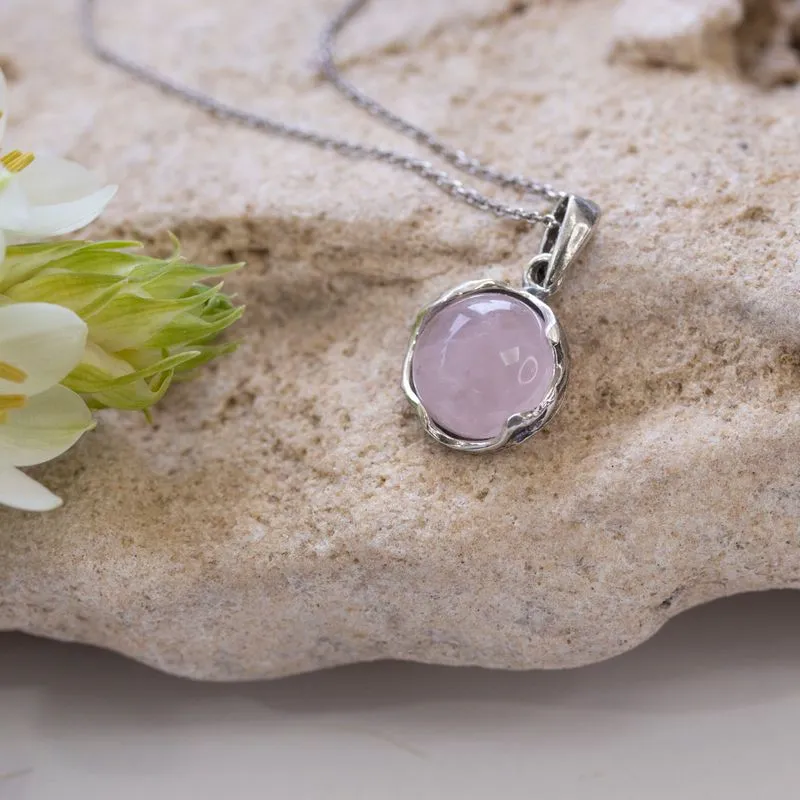 925 Sterling Silver Round Pink Rose Quartz 12mm Pendant