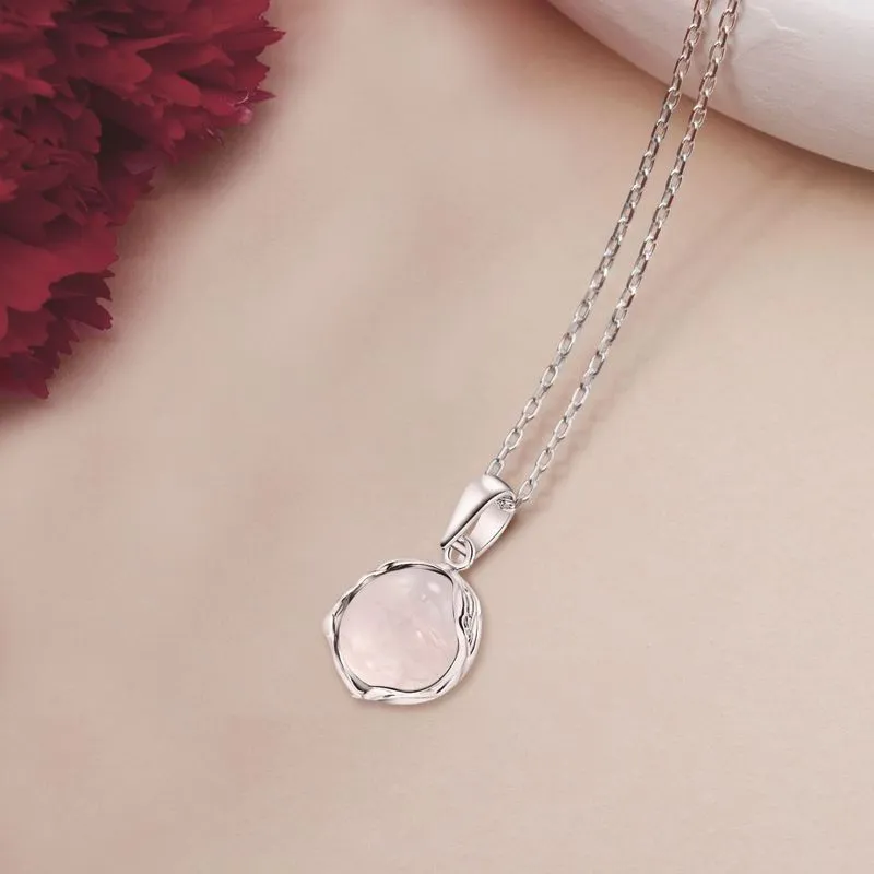 925 Sterling Silver Round Pink Rose Quartz 12mm Pendant