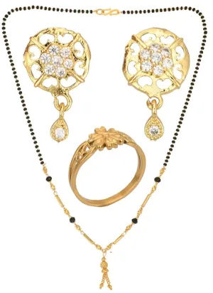 AanyaCentric Gold-plated Jewelry Combo: Elegant Short Mangalsutra, Finger Ring, and American Diamond Earrings Set