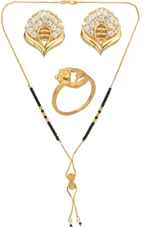 AanyaCentric Gold-plated Jewelry Combo: Elegant Short Mangalsutra, Finger Ring, and American Diamond Earrings Set