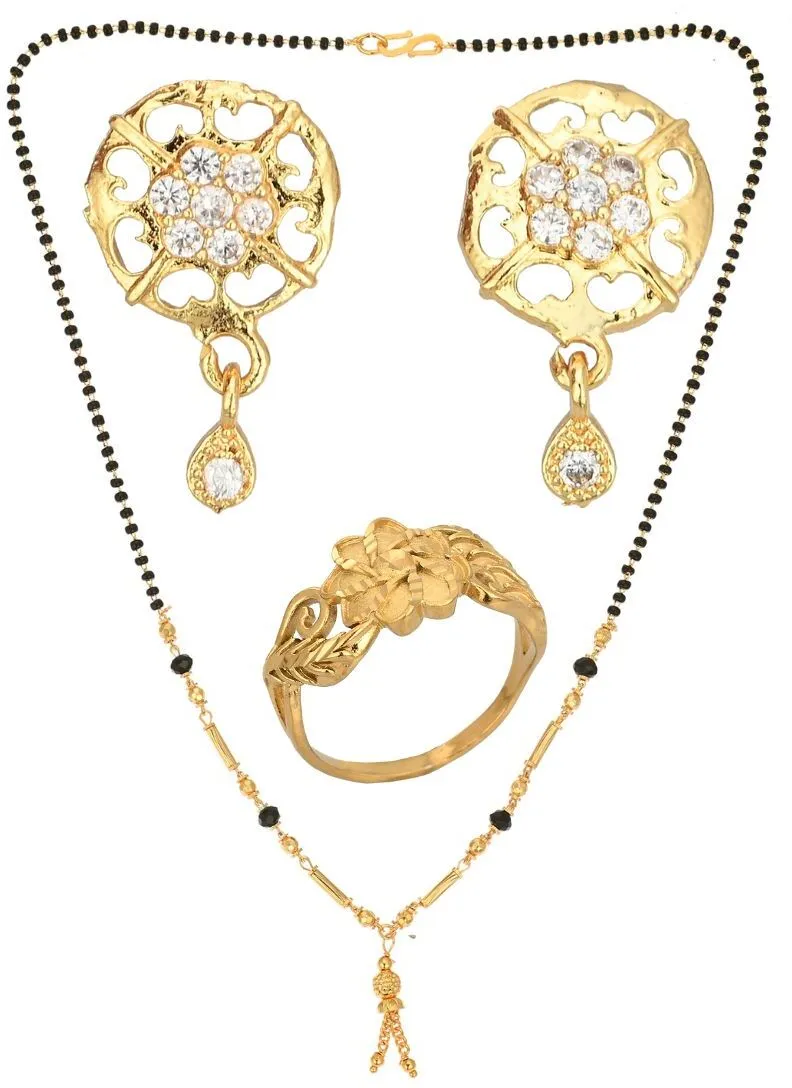 AanyaCentric Gold-plated Jewelry Combo: Elegant Short Mangalsutra, Finger Ring, and American Diamond Earrings Set