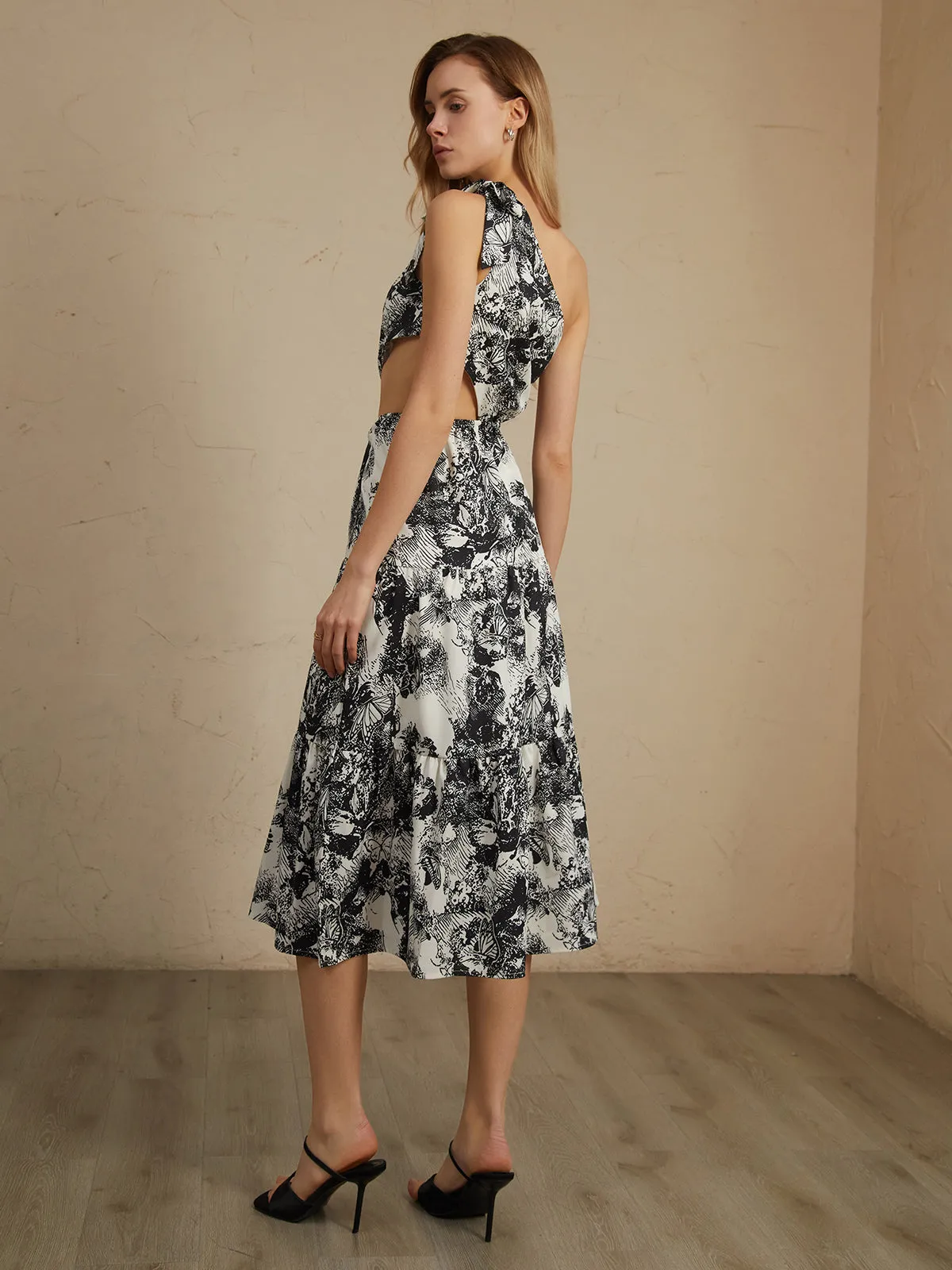 Asymmetric Cutout Floral Trendy Print Midi Dress