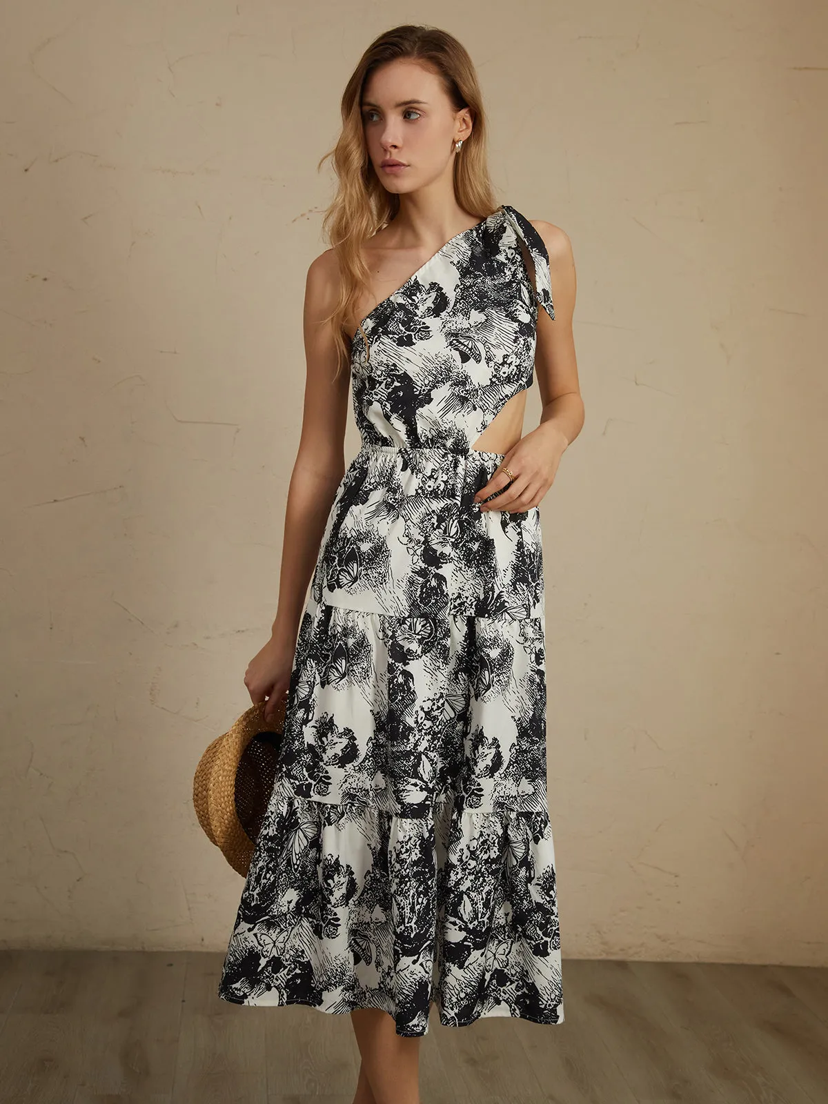 Asymmetric Cutout Floral Trendy Print Midi Dress