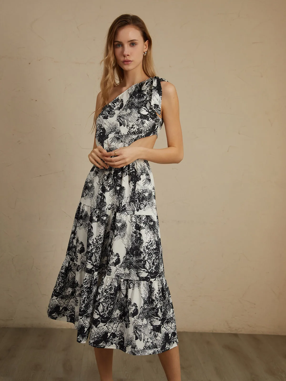 Asymmetric Cutout Floral Trendy Print Midi Dress