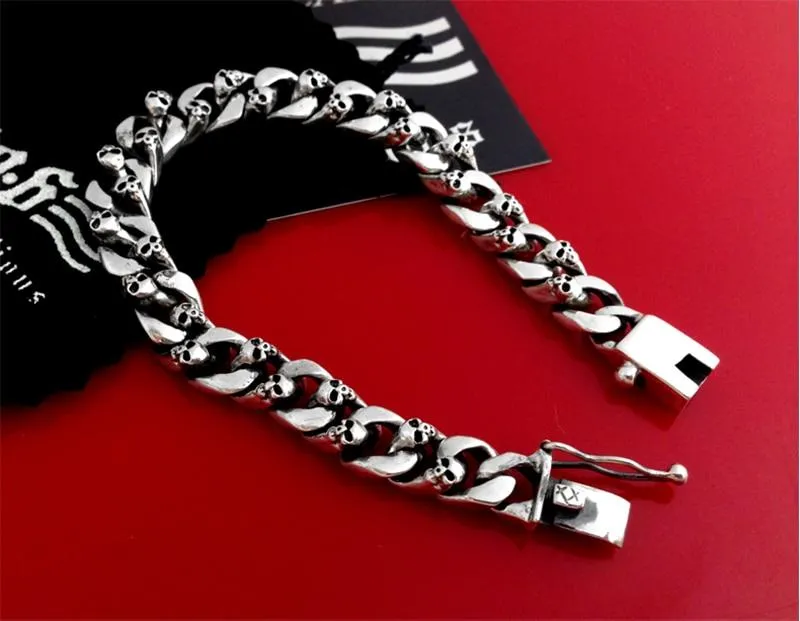 Authentic 925 Sterling Silver 8mm Skull Link Chain Punk Men's Bracelet