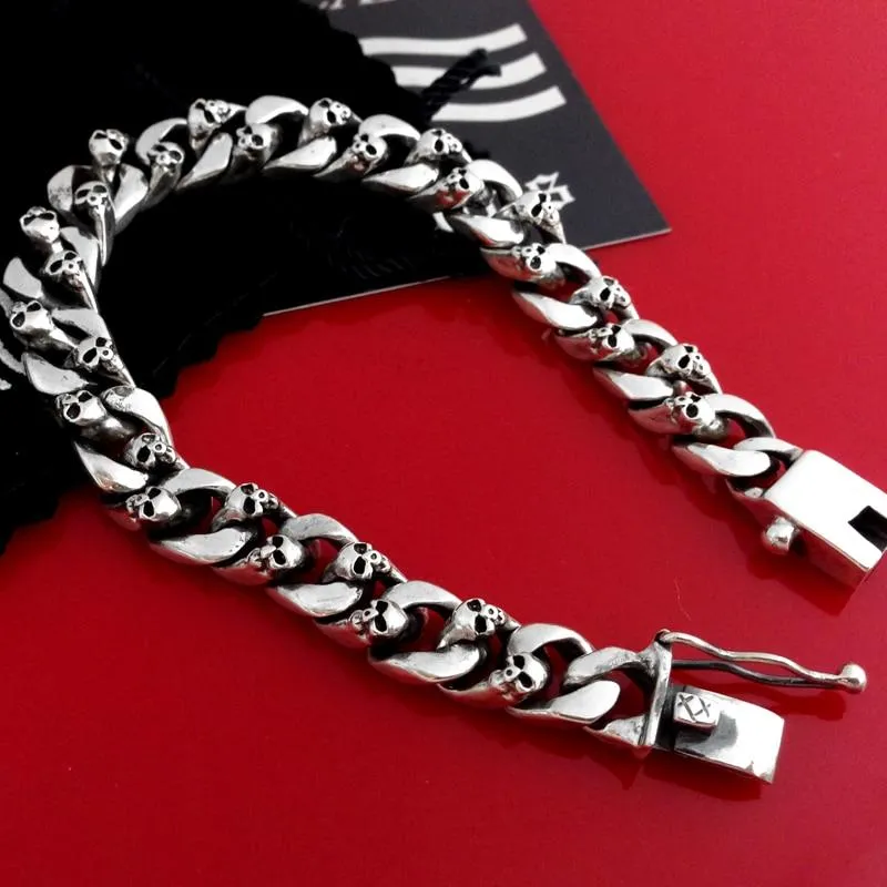 Authentic 925 Sterling Silver 8mm Skull Link Chain Punk Men's Bracelet