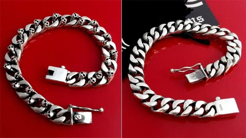 Authentic 925 Sterling Silver 8mm Skull Link Chain Punk Men's Bracelet